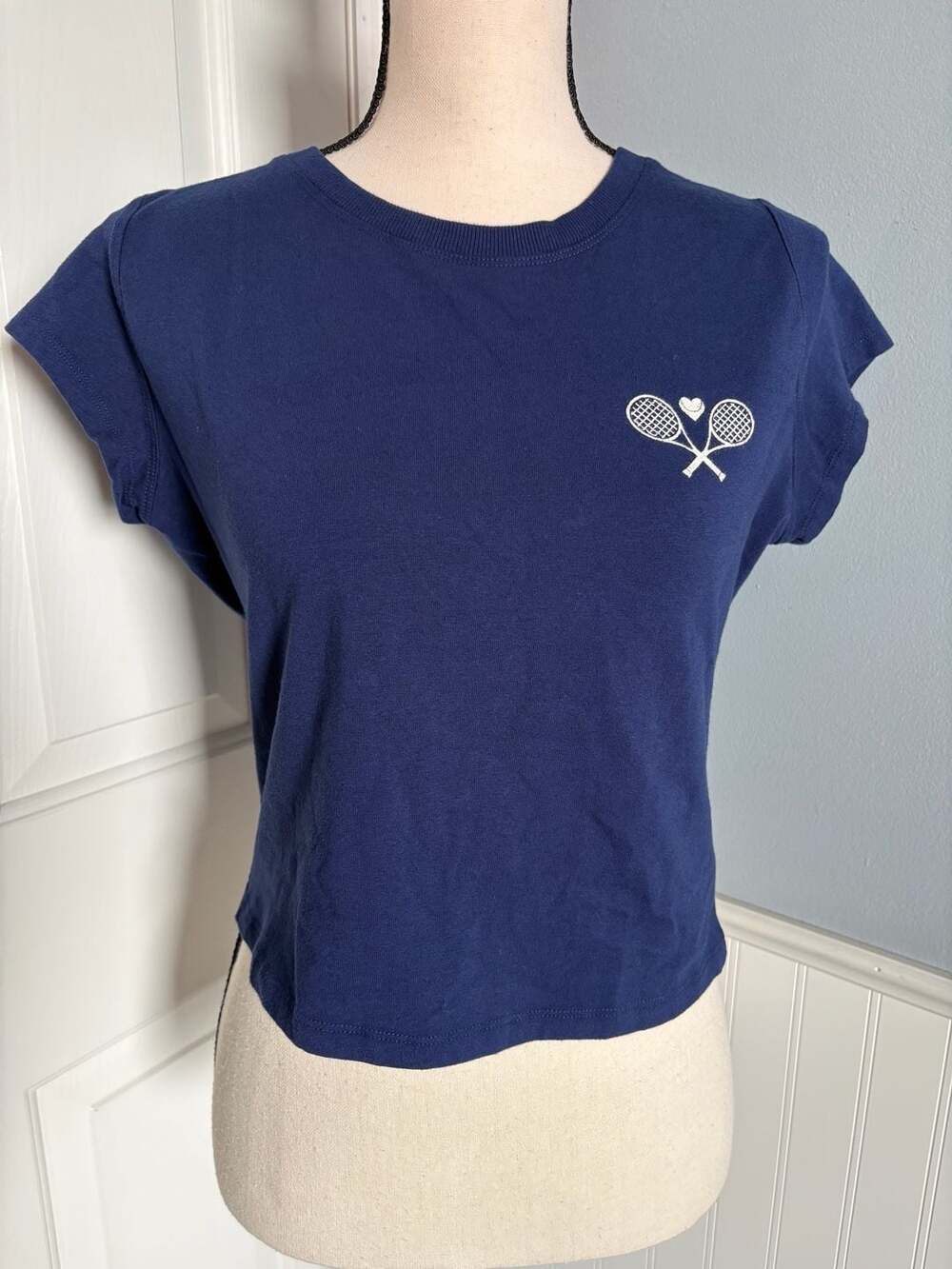 Daily Practice by Anthropologie Navy Tennis Racket Baby Tee Size M NWT